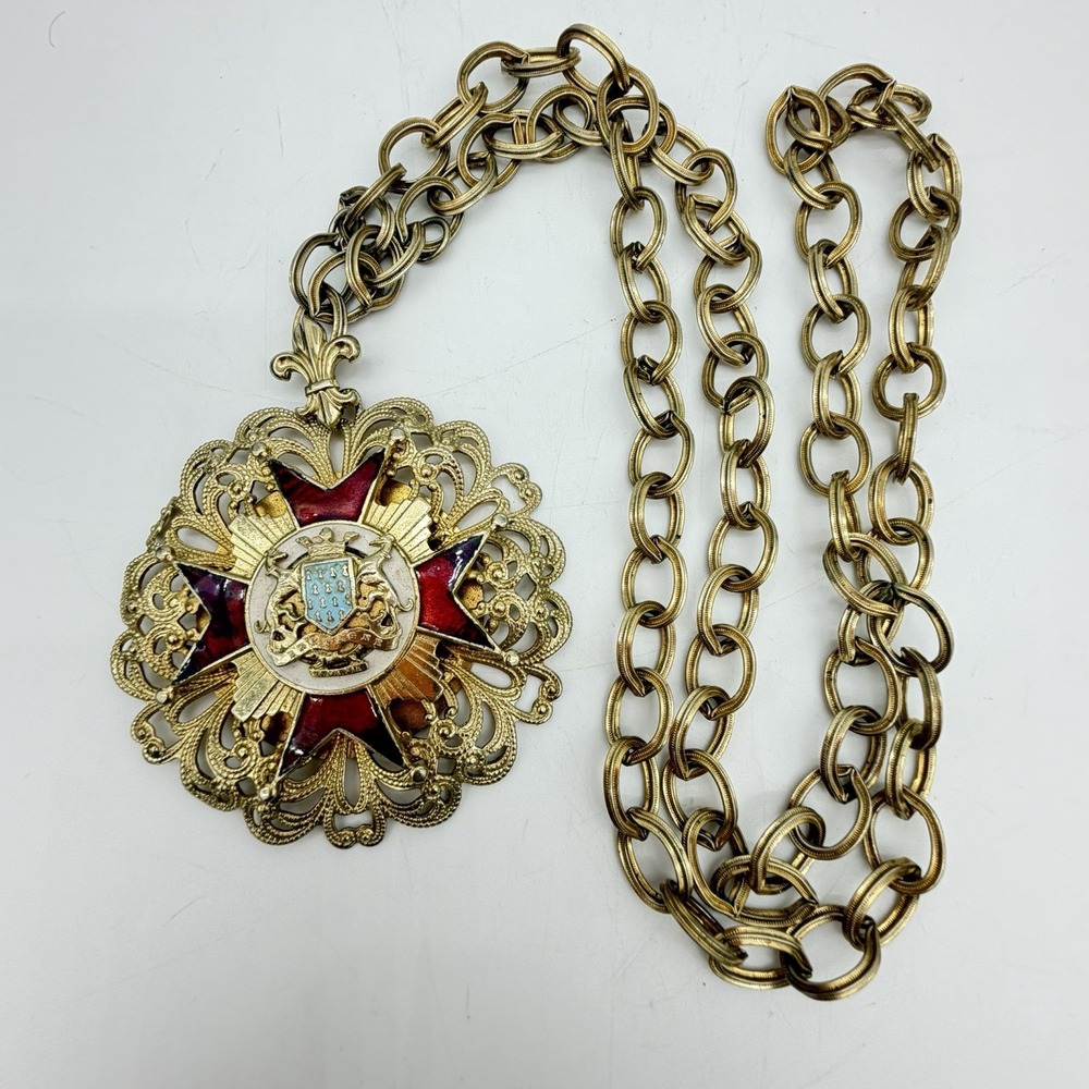 Vtg French Enamel Maltese Cross Necklace Medal Bretagne A Ma Vie WWII Sweetheart